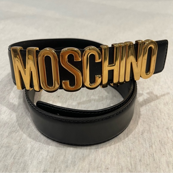Moschino Accessories - Authentic Moschino Black Leather Belt with Gold Logo Lettering - Size 40